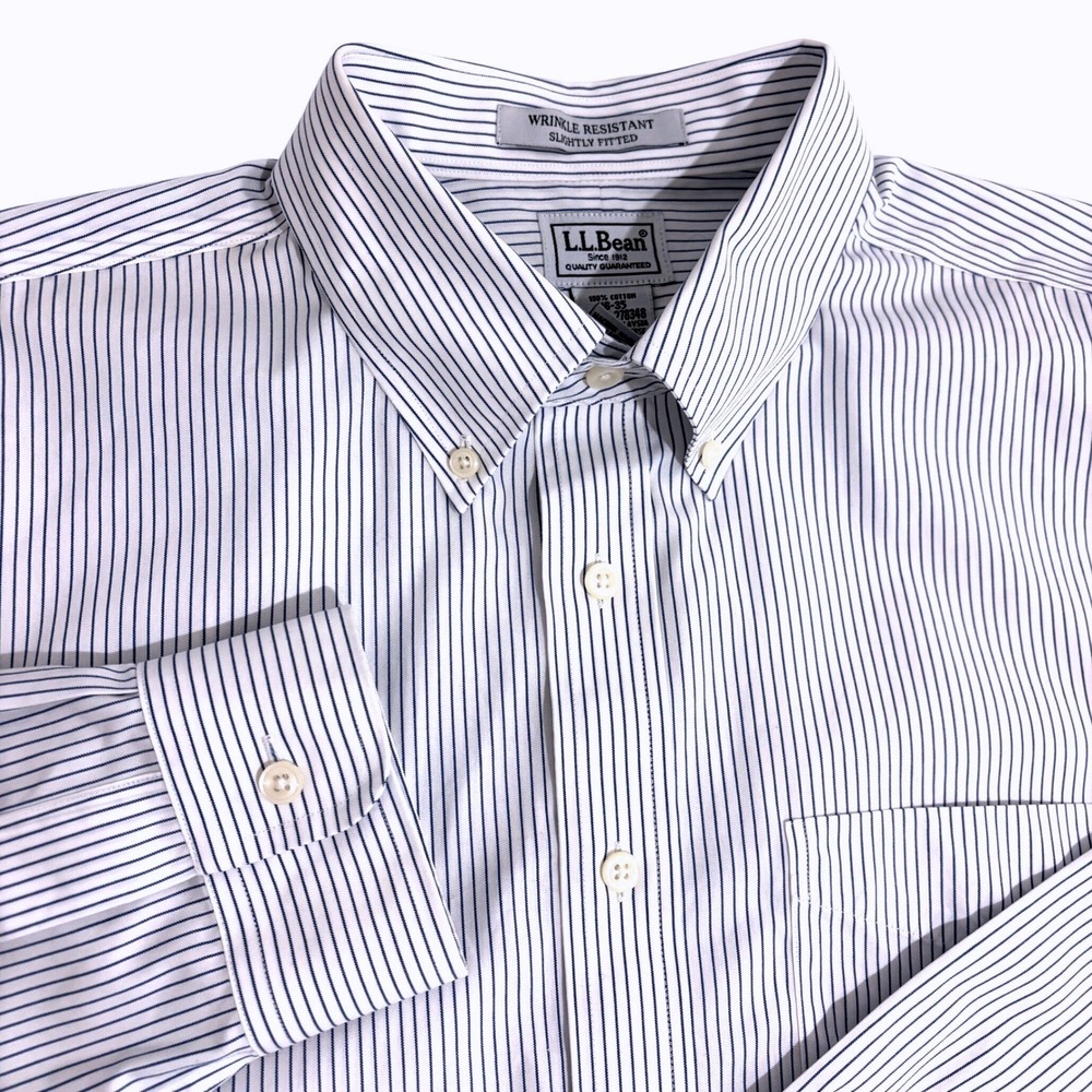 LL Bean Button Down Dress Shirt Mens L White Blue Pinstripe Wrinkle Resistant